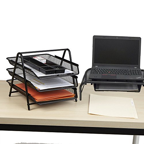 2 Tier Metal Monitor Stand Monitor riser and Computer Desk Organizer with  Drawer and Pen Holder for Laptop, Computer, iMac, Black