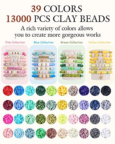 BOZUAN 4 Box Clay Beads for Bracelet Making Kit for Teen Girls Ages 6-12, Jewelry Making Kit with White Turquoise, Volcanic Stones, Obsidian, Crystal