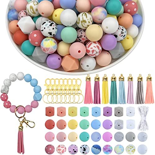 IESCOO 100pcs Silicone Beads for Keychain Making,15mm Rubber Beads