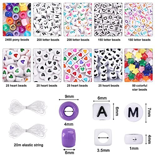 QUEFE 3250pcs Pony Beads Set, Friendship Bracelet Kit Kandi Beads 2400pcs  Rainbow Beads in 96 Colors, 800pcs Letter and Heart Beads with 20 Meter