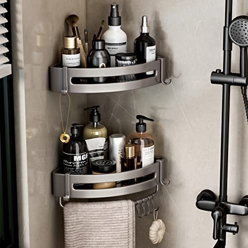 Corner Shower Caddy 2-Pack, No Drilling Shower Rack, Adhesive Shower Corner  Shelf with 2 Movable Hooks, Rustproof Aluminum Bathroom Storage Organizer