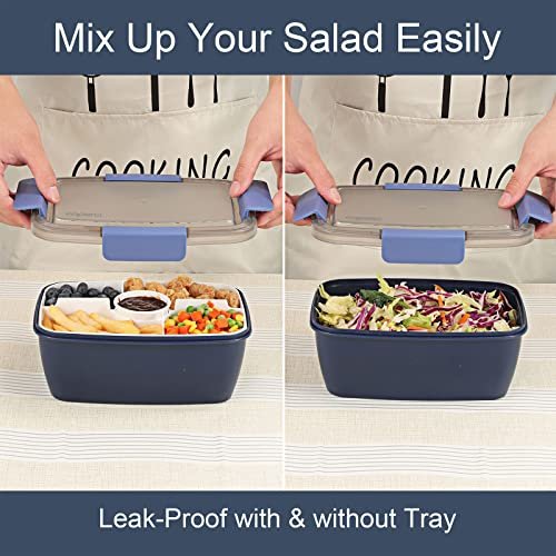 Caperci Stackable Salad Container for Lunch, Leakproof Adult Bento Lunch  Box 68-oz, 5-Compartment Tray, 2pcs 3-oz Sauce Cups, BPA-Free (Blue) 