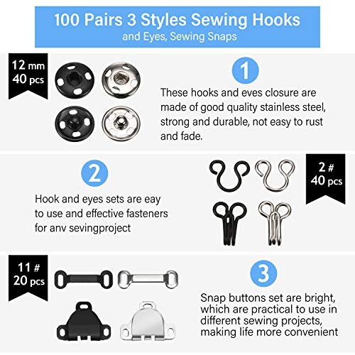 100 Pairs 3 Styles Skirt Sewing Hooks And Eyes, Sewing Snaps Kit