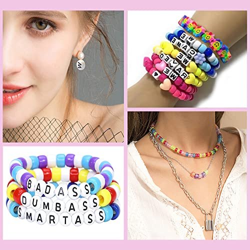 LIS HEGENSA 1300 Pcs DIY Childrens Crafts Beads Friendship Bracelet Kit,  with Pony Beads Letter Beads and Elastic Cord, Colorful Charms, Used for