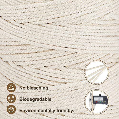 Macrame Cord 4mm x 240yd | 100% Natual Cotton Macrame Rope | 3 Strand  Twisted Cotton Cord for Handmade Plant Hanger Wall Hanging Craft Making