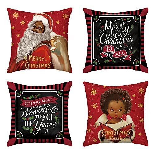 GAGEC Merry Christmas Throw Pillow Covers African American Santa Black  Santa Holly Leaf Berries Ho Ho Ho Home Decor Party 18 x 18 Inch Pillowcase