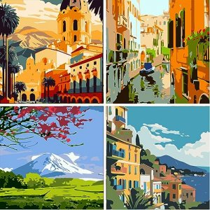 Paint by Number for Adults, 4 Pieces Paint by Numbers for Adults Beginner  Drawing Paintwork with Paintbrushes Cityscape Paint Canvas Oil Painting