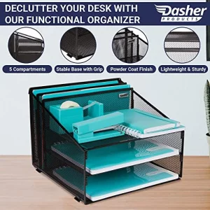 Office Desk Organizer Metal Mesh With 3 Paper Trays And 2 Vertical Upright Sections, Desktop File Holder For Letter Size A4, Folders, Stationary, And