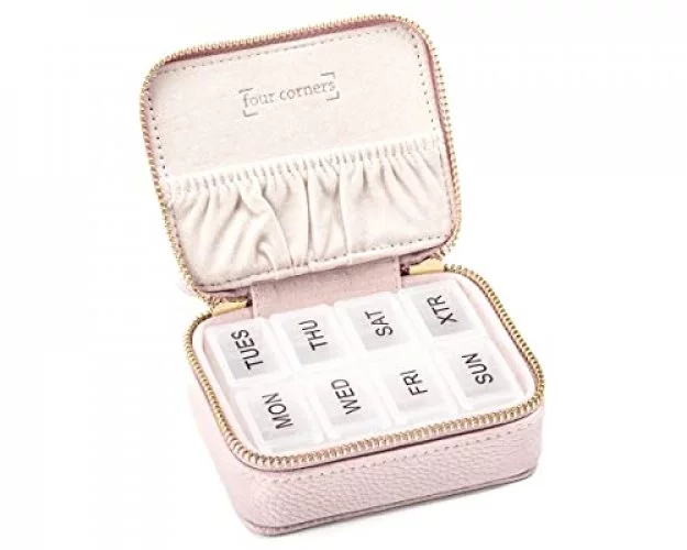 Leather Pill Organizer  8-Compartment Travel Pill Box