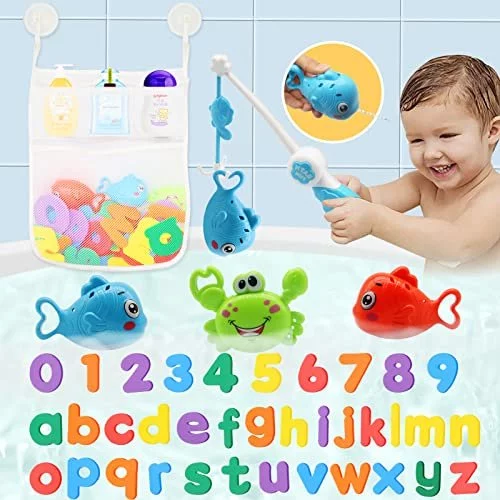 ZEAGUS Bath Toys Set for Toddlers 1 3 Bath Toy Storage Bag Hooks Baby Bathtub Toys with 36 Letters and Numbers Shower Toys Bath Time with 3 Fishing Imported Products from USA iBhejo