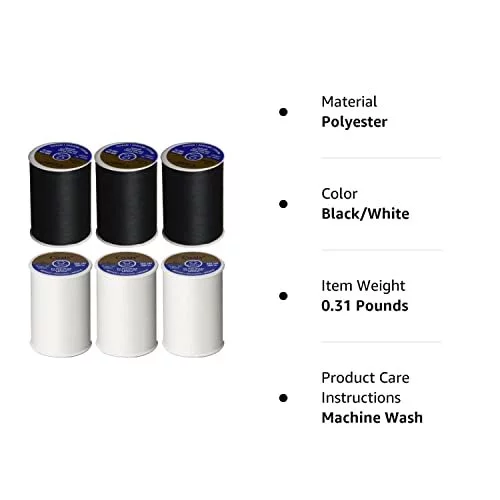 糸巻き(3:3)(Ebony) 6 Pack Bundle - (3 Black + 3 White) - Coats & Clark Dual