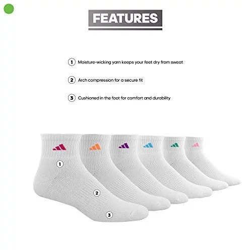 adidas Women's Athletic Cushioned Quarter Socks (6-Pair) with Arch