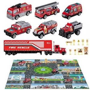 Temi Diecast Emergency Fire Rescue Vehicle Toy Set W/Play Mat