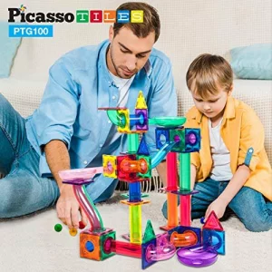 PicassoTiles Marble Run 50-Piece Magnetic Tile Race Track Toy Play Set STEM  Building & Learning Toys, Educational Magnet Construction, Child Brain