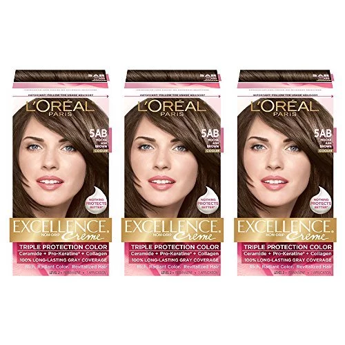 L'Oreal Paris Excellence Creme Permanent Hair Color, 5AB Mocha Ash Brown,  100 percent Gray Coverage Hair Dye, Pack of 3