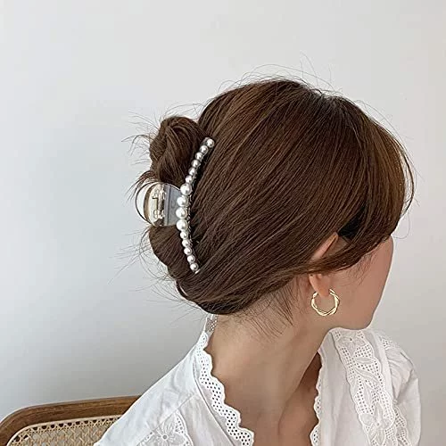 DEEKA 5 Pcs Large Pearl Hair Claw Clips White Black Thick Long Jaw Clips  Barrettes Hair Accessories for Women and Girls
