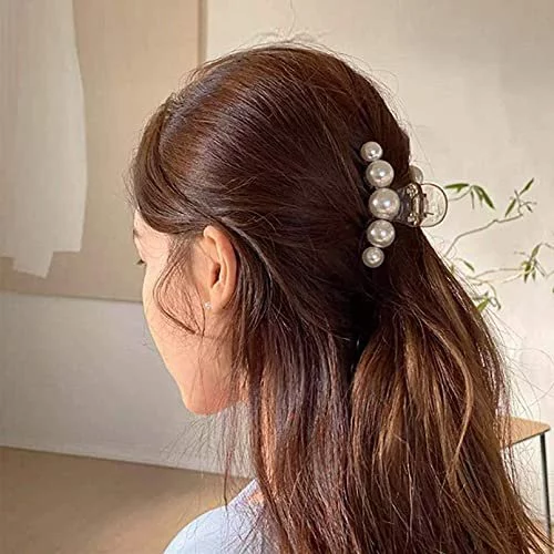 DEEKA 5 Pcs Large Pearl Hair Claw Clips White Black Thick Long Jaw Clips  Barrettes Hair Accessories for Women and Girls