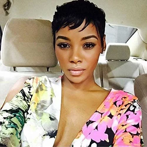 Vrz Human Hair Short Pixie Wigs With Bangs Pixie Cut Short Hair Wigs Black Layered Pixie Wavy Wigs For Women Pixie Short Imported Products from USA iBhejo