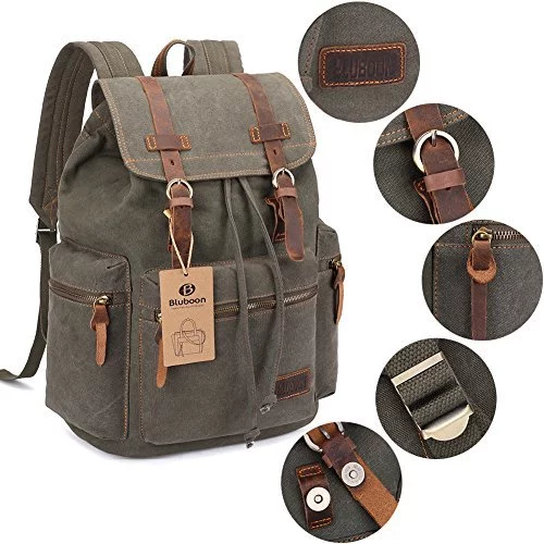 BLUBOON Canvas Vintage Backpack Leather Casual Bookbag Men Rucksack Green Imported Products from USA iBhejo