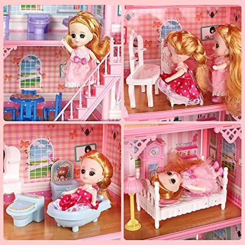 Cute Stone 11 Rooms Huge Dollhouse With 2 Dolls And Colorful Light