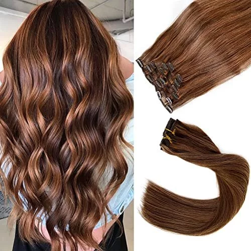 Remy Human Hair Clip In Extensions Chocolate Brown Mixed Auburn Hair Extensions Clip In Real Human Hair 15 Inch 70G 7 Pcs Double Weft Hair Extension Imported Products from USA iBhejo