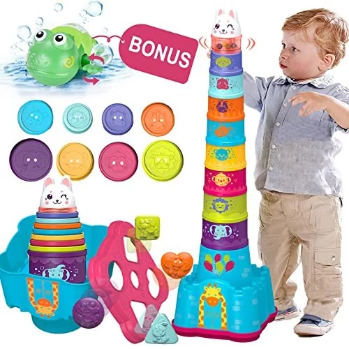 Baby Stacking Toys for Toddlers 1 3 Nesting Cups Shape Sorter for Infant 6 to 12 18 Months Stackable Blocks Learning Toy with Rattle Free Frog Ba Imported Products from USA iBhejo