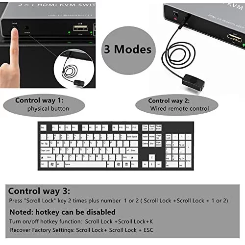 thumbnail image 2 of 2-Port KVM Switch USB HDMI 4K@60Hz – Share Monitor, Keyboard & Mouse Between 2 Computers, With External Button & Hotkey 2 of 7