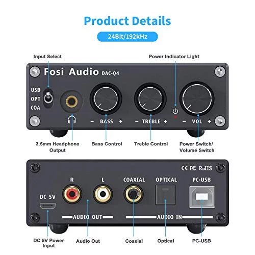 Fosi Audio Q4 - Mini Stereo Gaming DAC & Headphone Amplifier +