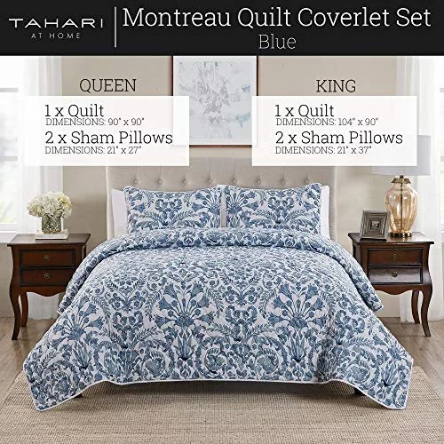 Tahari Home Full Quilt Set 3 Piece Lightweight Bedding with Matching Shams Soft Cozy Home Decor Montreau Blue Full Queen Imported Products from USA iBhejo