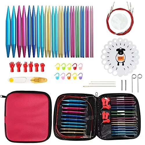 Looen 37pcs Aluminum Circular Knitting Needles Set With Ergonomic Handles,13 Size Interchangeable Crochet Needles With Storage Case For Small Project