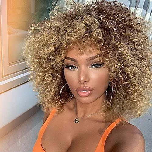 Xinran 14 inch Blonde Curly Wigs 70s Kinky Brown Mixd Blonde Afro Wigs for Black Women Synthetic Afro Curly Blonde Wigs for Women Brown to Blonde Imported Products from USA iBhejo