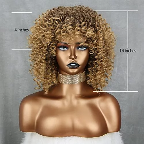 Xinran 14 inch Blonde Curly Wigs 70s Kinky Brown Mixd Blonde Afro