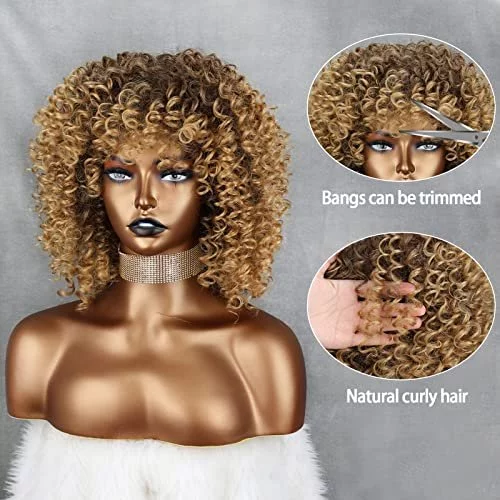 Xinran 14 inch Blonde Curly Wigs 70s Kinky Brown Mixd Blonde Afro