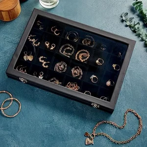 Juvale Black Velvet Jewelry Display Tray Organizer Case, Rock Collection Box for Gemstones, Crystals, Pendants 24 Slots, 14 x 9.5 x 2 In