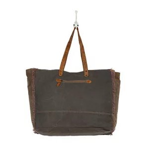 Myra Bag Offhand Upcycled Canvas Cowhide Leather Weekender Bag S-1275