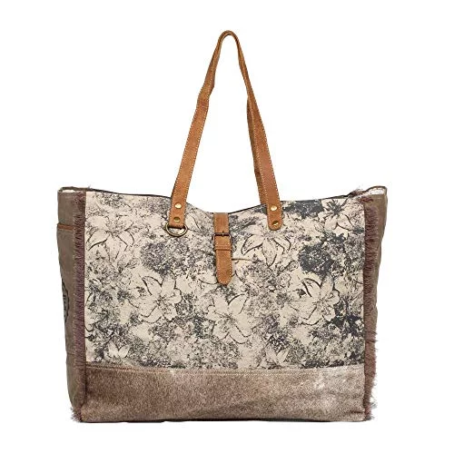 Myra Upcycled Canvas & Cowhide Leather Weekender Bag – Unique Eco-Friendly Travel Tote S-1275 - View #12