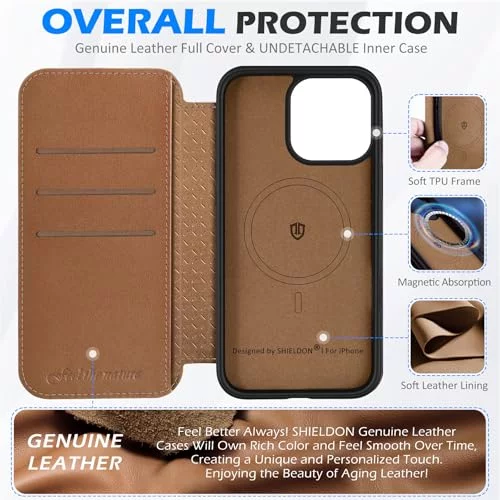 SHIELDON Case for iPhone 16 Pro 6.3, Genuine Leather Slim Folio Wallet Magnetic RFID Blocking Card SHIELDON Case for iPhone 16 Pro 6.3, Genuine Leather Slim Folio Wallet Magnetic RFID Blocking Card