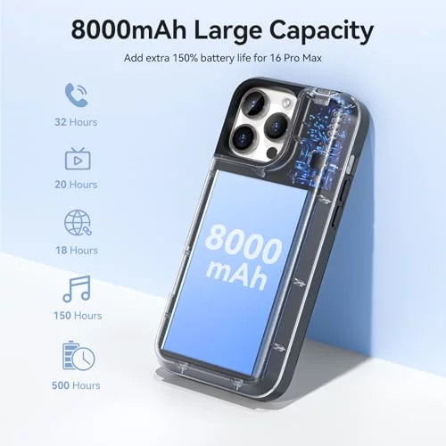 NEWDERY Upgraded Battery Case for iPhone 16 Pro Max, 8000mAh USB-C