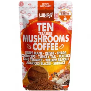 Wixar Mushroom Coffee Blend - Ten Treasure Mushrooms Extract Instant Coffee Powder with Lions Mane, Turkey Tail, Reishi, Chaga, Shiitake, Maitake, Co
