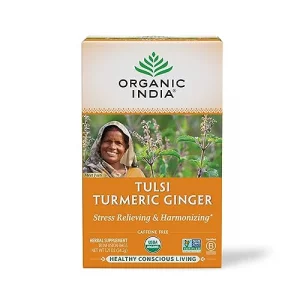 Organic India Tulsi Turmeric Ginger Tea Bags- Herbal Tea Ginger Turmeric Tea Immune Support Aids Digestion Caffeine-Free- 18 Infusion Bags 1 Pack