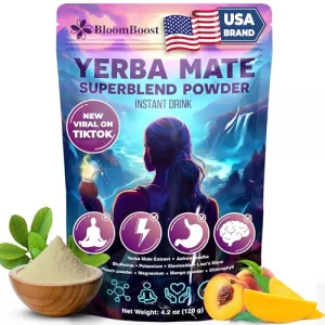 Yerba Mate Instant Tea Powder Yerba Mate Ashwagandha Lions Mane Chlorophyll Peach Mango Flavor 4.23 Oz 11 Servings Sugar-Free Gluten-Free Superfoo