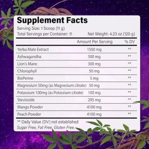 Yerba Mate Instant Tea Powder Yerba Mate Ashwagandha Lions Mane Chlorophyll Peach Mango Flavor 4.23 Oz 11 Servings Sugar-Free Gluten-Free Superfoo