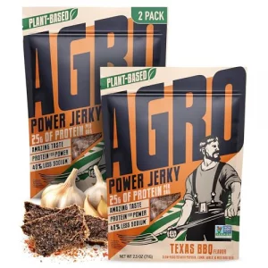 Agro Power Vegan Jerky - Texas Bbq Flavor Delicious Non-Gmo Certified Vegetarian Jerky With 25 Grams Of Plant-Based Protein And 40 Less Sodium. High