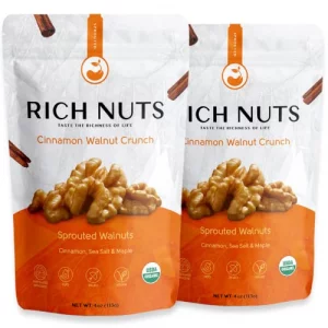 Rich Nuts Cinnamon Walnut Crunch Gourmet Sprouted Walnuts Vegan Organic Paleo Keto Cinnamon Maple Syrup Maca Sea Salt Non-Roasted Dehyrdated Germ