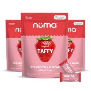 Numa Taffy Candy - Strawberries And Creme Made W Real Simple Ingredients - Low Sugar High Protein Low Calorie All Natural Gluten Free - 3 Bags With