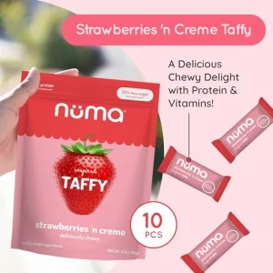 Numa Taffy Candy - Strawberries And Creme Made W Real Simple Ingredients - Low Sugar High Protein Low Calorie All Natural Gluten Free - 3 Bags With