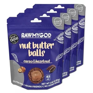 Rawmygod Cacao Hazelnut Nut Butter Balls Gluten Free Vegan No Added Sugar Pack Of 4 Pouches 7 Balls Per Resealable Pouch