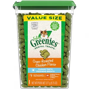 Greenies Feline Adult Dental Cat Treats Oven Roasted Chicken Flavor 9.75 Oz. Tub