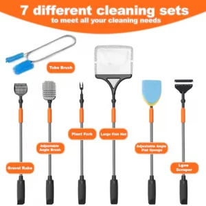 Seaoura 7-In-1 Aquarium Cleaning Tool Fish Tank Cleaner With Telescopic Handleaquariums Scraperadjustable Angle Brushgravel Rakeplant Fork Flat Spong