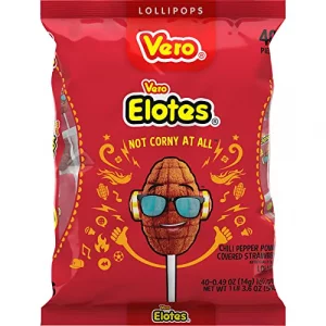 Vero Elotes Strawberry Lollipops Coated With Chili Powder Hot And Sweet Candy Treat Artificially Flavored Net Wt. 19.7 Ounces 40 Count Bag